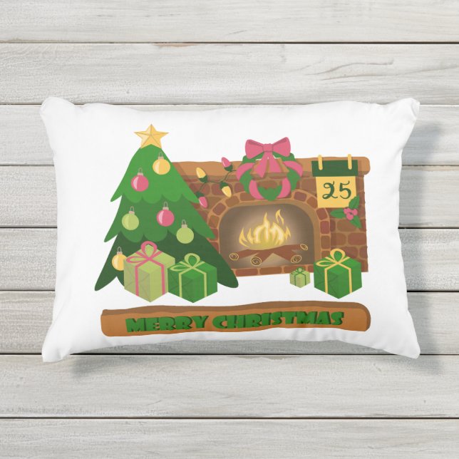 Cojín De Exterior Feliz Navidad cerca de la chimenea de fuego árbol  (Anverso)
