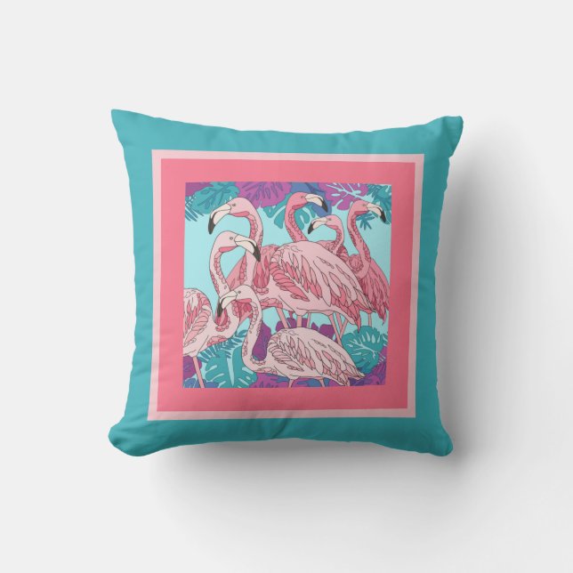 Cojín De Exterior Flamencos rosados en rosa y menta (Anverso)