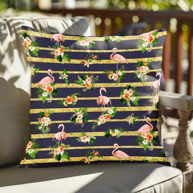 Cojín De Exterior Flamingos Bandas Florales Tropicales (Subido por el creador)