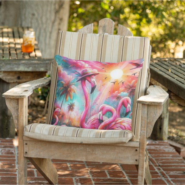 Cojín De Exterior Flamingos rosados tropicales Palmeras Agua Verde a (Silla)