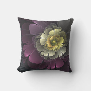 Cojín De Exterior Flor Fractal Gris Purpura Moderna Abstracta