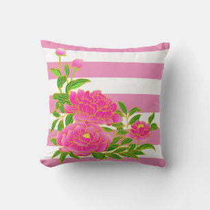 Cojín De Exterior Flor rosada peony en verano de fondo a rayas