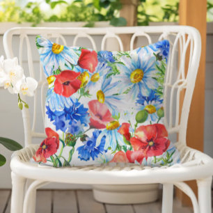 Cojín De Exterior Floral Acuarela Verano Azul Rojo Amarillo