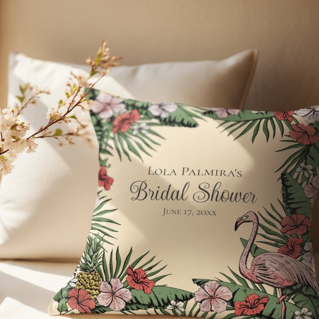 Cojín De Exterior Floral Flamingo Tropical Amarillo Ducha Nupcial (Elegant Hawaiian Bridal Shower  Design. Hand-Drawn Tropical Hibiscus Flowers, Flamingo, Pineapple)