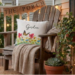 Cojín De Exterior Floral roja amarilla y azul con mariposa