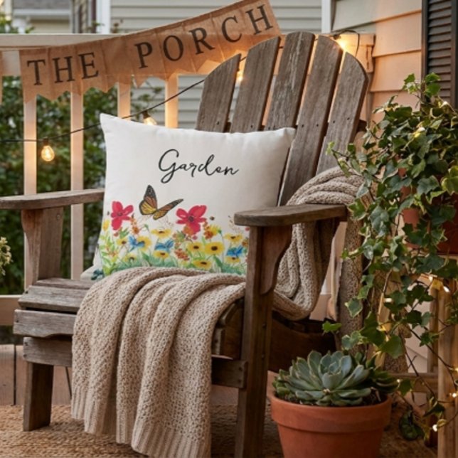 Cojín De Exterior Floral roja amarilla y azul con mariposa (add ambiance to your outdoor space with a floral created throw pillow )