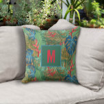 Cojín De Exterior Floral tropical monogramada en impresión de mimbre<br><div class="desc">Las flores tropicales iniciales y las hojas con estampado de mimbre trenzado hacen almohadas al aire libre de verano elegantes. COINCIDIENDO con los artículos de nuestra tienda.</div>