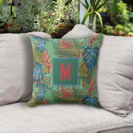 Cojín De Exterior Floral tropical monogramada en impresión de mimbre