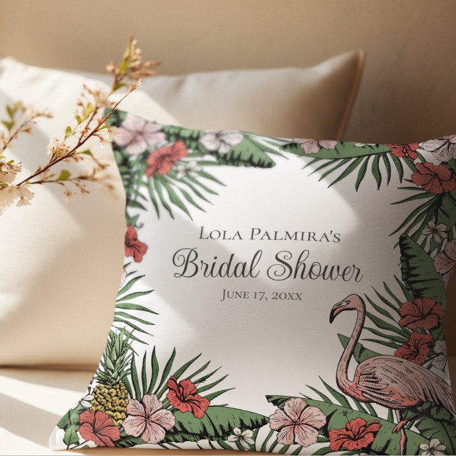 Cojín De Exterior Floral tropical rosa Flamingo ducha de novia (Elegant Hawaiian Bridal Shower  Design. Hand-Drawn Tropical Hibiscus Flowers, Flamingo, Pineapple)