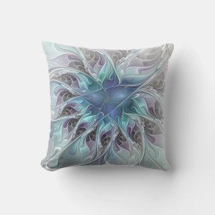 Cojín De Exterior Florecer Abstracto Moderno Floral Fractal Con Azul