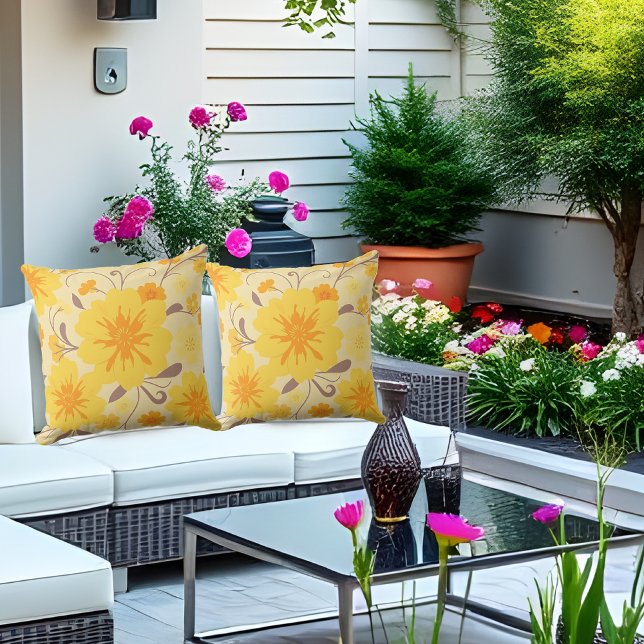 Cojín De Exterior Flores amarillo-florales retro Sunshine (Retro Sunshine Florals-Yellow Flowers Outdoor Pillow)