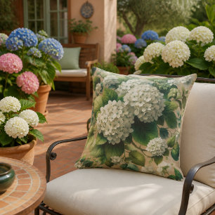 Cojín De Exterior Flores blancas de hortensia y hojas verdes 