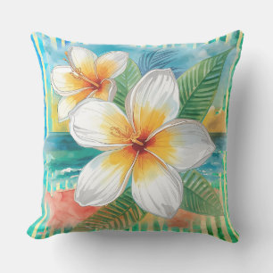 Cojín De Exterior Flores de Frangipani, patrón de línea amarilla tur