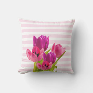Cojín De Exterior Flores de Tulipán Rosadas con Rayas Rosadas Decora