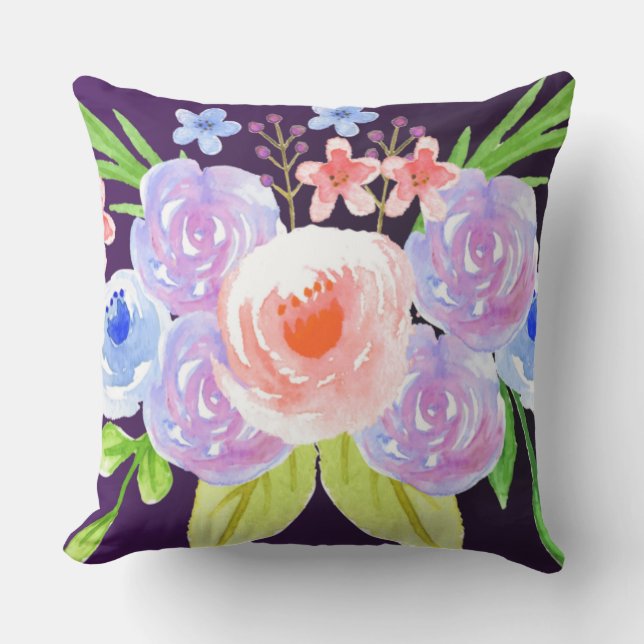 Cojín De Exterior Flores florales púrpuras del bonito de Acuarela (Anverso)