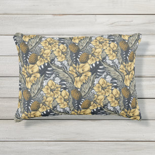 Cojín De Exterior Flores tropicales negras de lujo elegante Gold N'