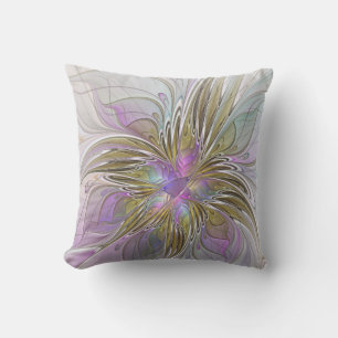 Cojín De Exterior Fractal floral colorido con rosado y oro