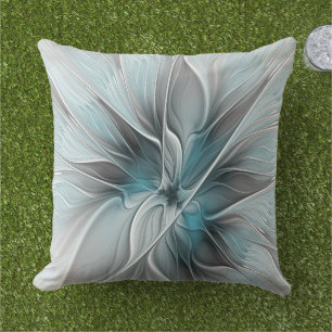 Cojín De Exterior Fractal floral moderno abstracto flor azul gris