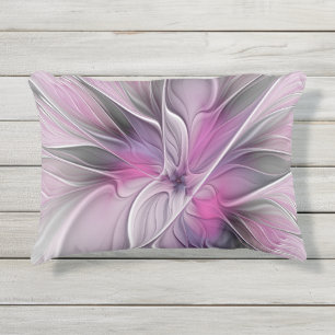 Cojín De Exterior Fractal Floral Moderno Abstracto Flor Rosa Gris
