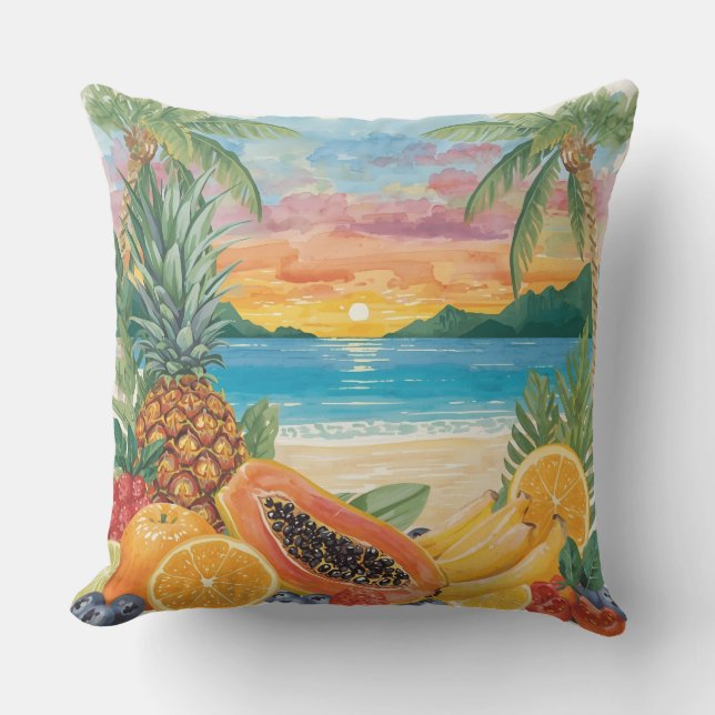 Cojín De Exterior Frutas Tropicales y Playa (Anverso)