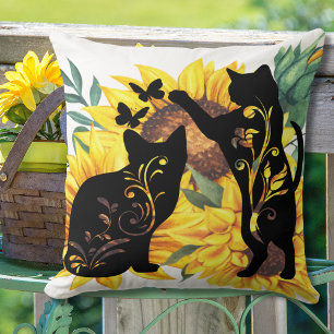 Cojín De Exterior Gatos Negros Girasoles Acuarela Floral