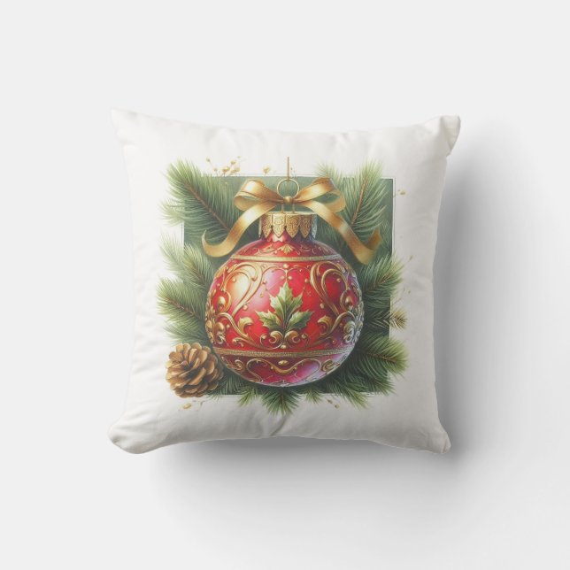 Cojín De Exterior Gold Flourish Red Ornament & Pine  (Anverso)