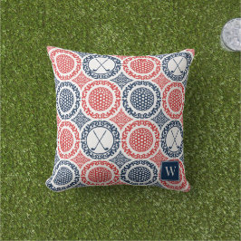 Cojín De Exterior Golf Preppy Damask - Pelotas y Palos en Azul Marin
