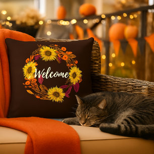 Cojín De Exterior Guirnalda de flores y hojas de bienvenida al otoño