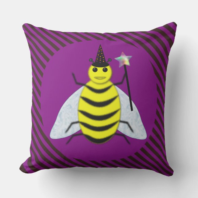Cojín De Exterior Halloween Magic Bee Wizard Purple and Black Stripe (Anverso)