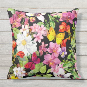 Cojín De Exterior Hermoso, floral, pintado a mano, flores, negro, tr