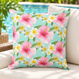 Cojín De Exterior Hibisco Tropical Patrón Plumeria Aqua