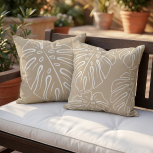 Cojín De Exterior Hoja Tropical Blanca Motivo Caqui Beige Marrón