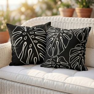 Cojín De Exterior Hoja Tropical Blanca Motivo En Negro Elegante