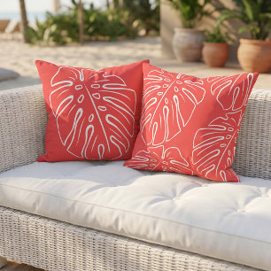 Cojín De Exterior Hoja Tropical Blanca Motivo Melón Rojo