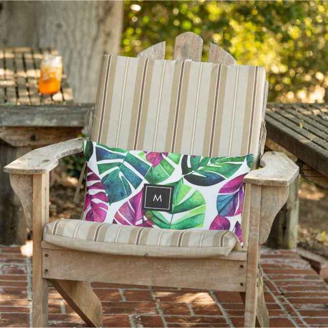 Cojín De Exterior Hojas tropicales acuáticas modernas monogramadas (Silla)