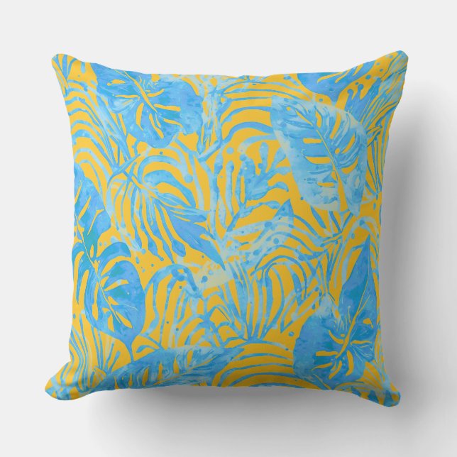 Cojín De Exterior Hojas Tropicales, Amarillo Azul (Anverso)