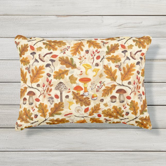Cojín De Exterior Hongos forestales y flora otoñal en crema (Anverso)