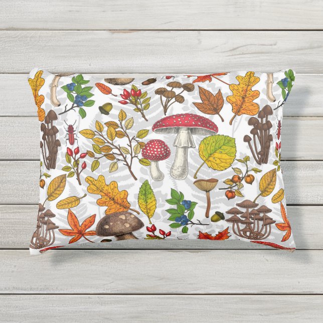 Cojín De Exterior Hongos, hojas, nueces y bayas otoñales en blanco (Anverso)