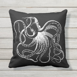 Cojín De Exterior Ilustracion de pulpo blanco y negro