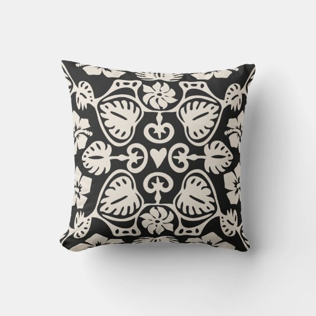 Cojín De Exterior Keoni Hawaiano Monstera Leaf Damask Black (Anverso)