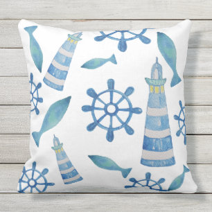 Cojín De Exterior Lighthouse Beach Watercolor Pintado a mano