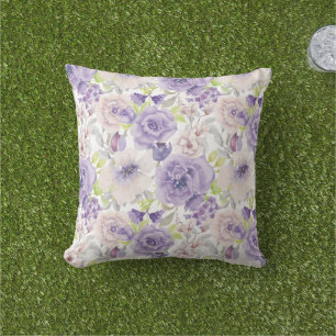 Cojín De Exterior Lila Púrpura Acuarela Floral Botánico