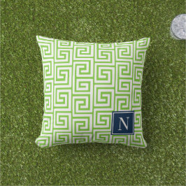 Cojín De Exterior Llave Griega Monograma Preppy – Verde Lima y Azul