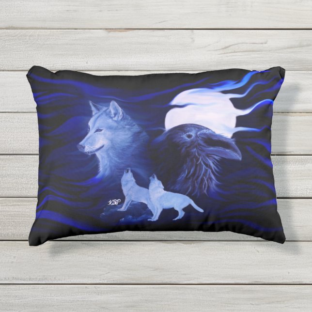 Cojín De Exterior Lobos y Raven con luna llena (Anverso)