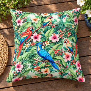 Cojín De Exterior Loros Tropicales y Hibiscos en la Jungla