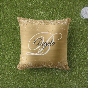 Cojín De Exterior Lujoso Glitter de Oro Hoja Monograma Elegante