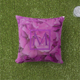 Cojín De Exterior Magenta rosa elegante hidrangeas florales monogram