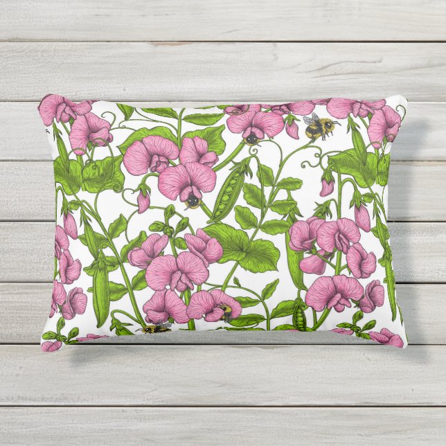 Cojín De Exterior Melocotones y abejorros, rosa, verde y blanco (Anverso)