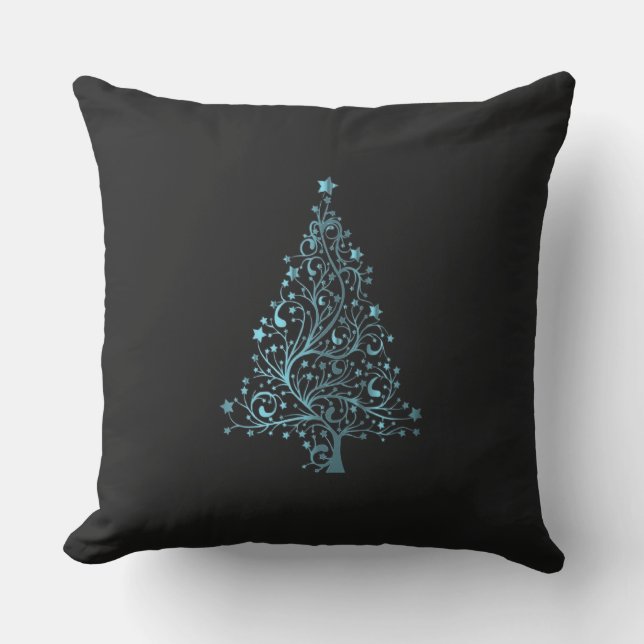 Cojín De Exterior Merry Christmas Tree Stars Black Metallic Blue (Anverso)