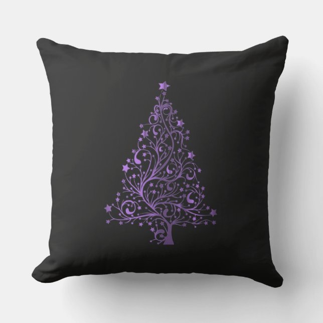 Cojín De Exterior Merry Christmas Tree Stars Black Metallic Purple (Anverso)